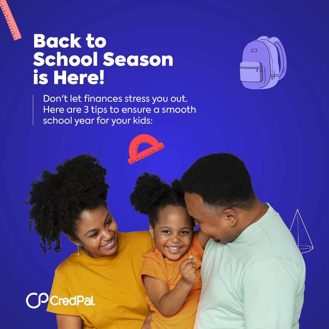 CredPal post 'Back to School Season is Here! Don't let finances stress you out. Here are 3 tips...': a family photo of a mother, father and daughter, on a dark blue background with school-supply illustrations.