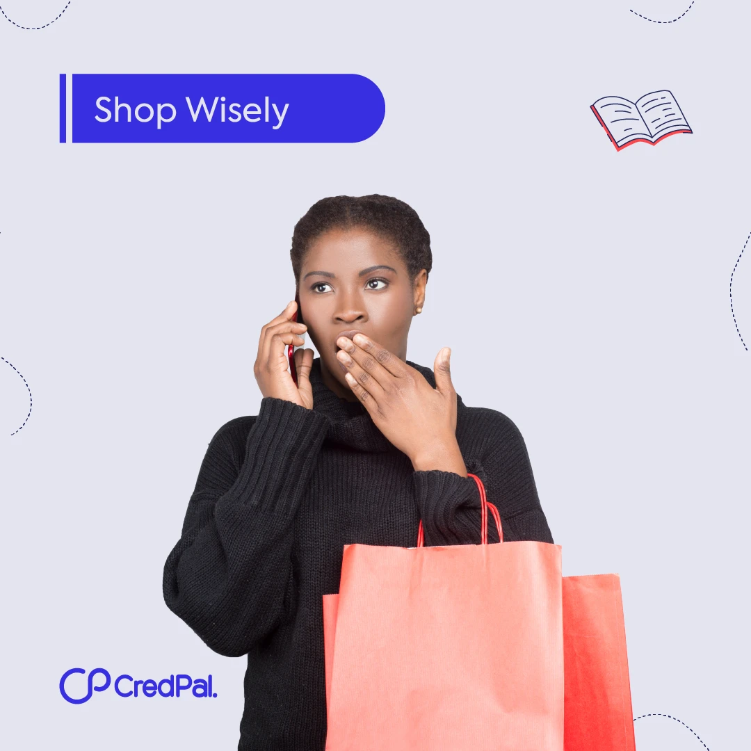 CredPal post 'Shop Wisely': a woman on the phone holding shopping bags, on a light background.