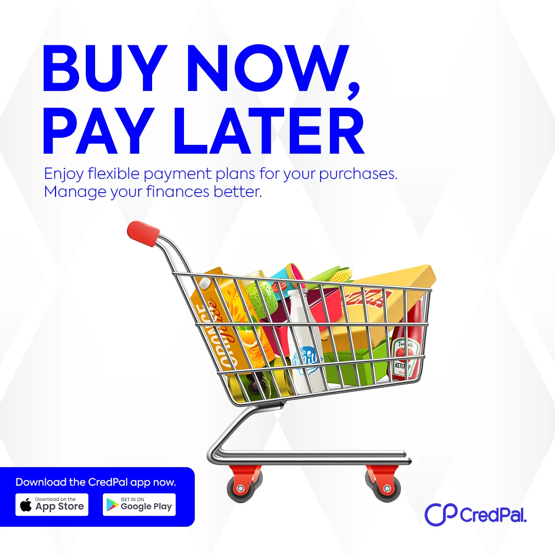 CredPal post 'Buy Now, Pay Later — Enjoy flexible payment plans for your purchases': a 3D shopping cart full of groceries, on a white background with App Store and Google Play badges.