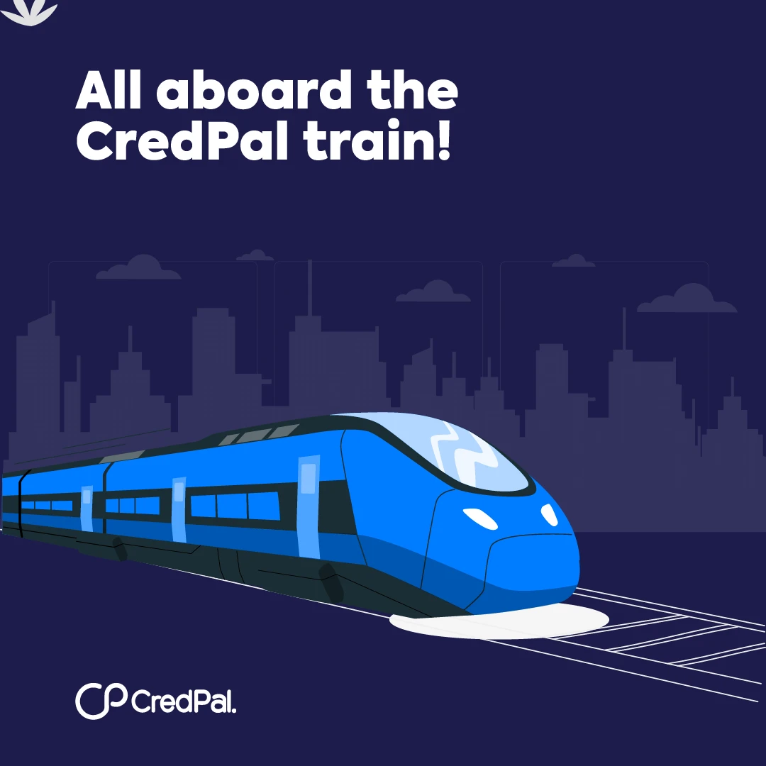 CredPal post 'All aboard the CredPal train!': a glossy 3D blue high-speed train against a dark navy city-skyline background, opening slide of a feature-tour carousel.