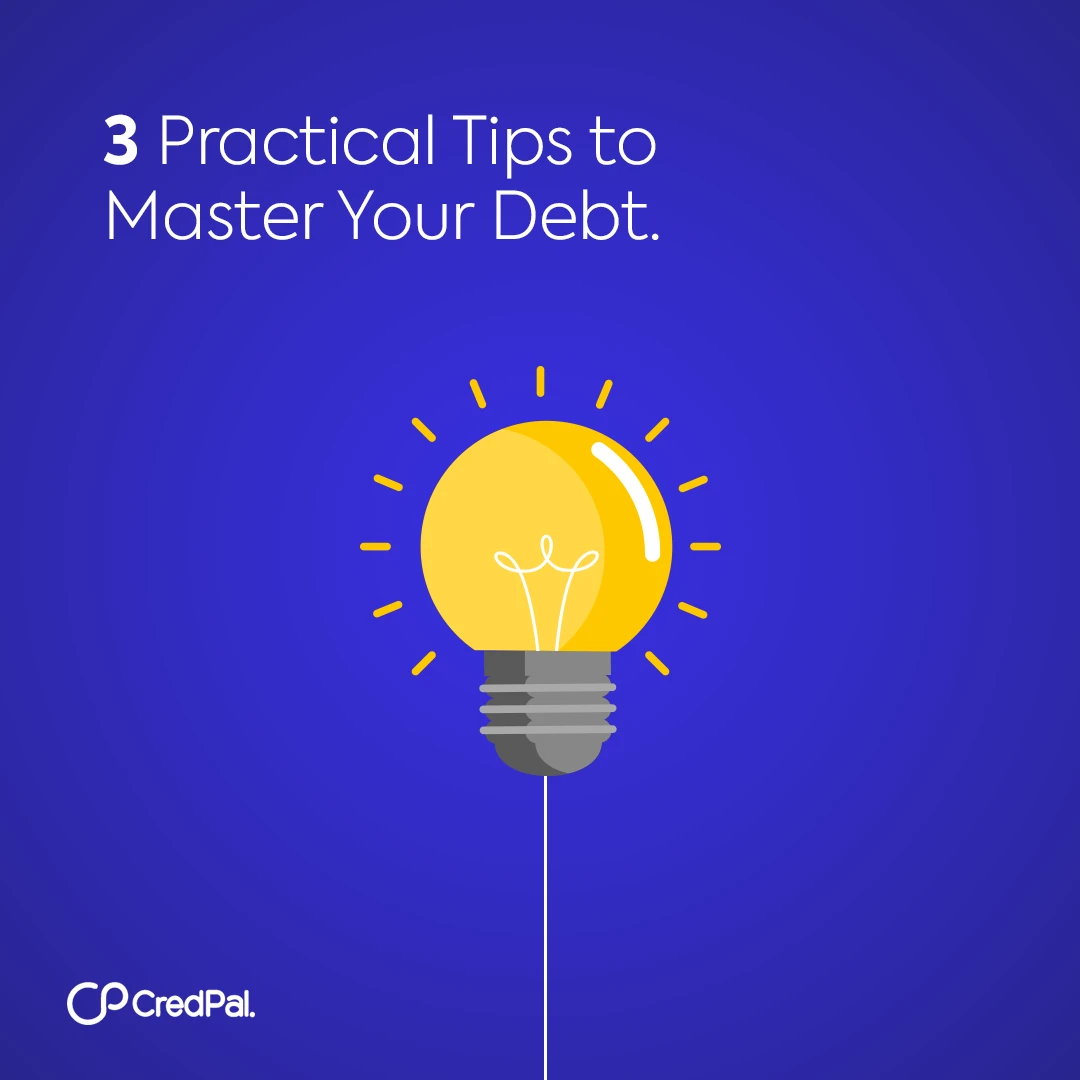 CredPal post '3 Practical Tips to Master Your Debt': a glowing lightbulb illustration, on a dark blue background.
