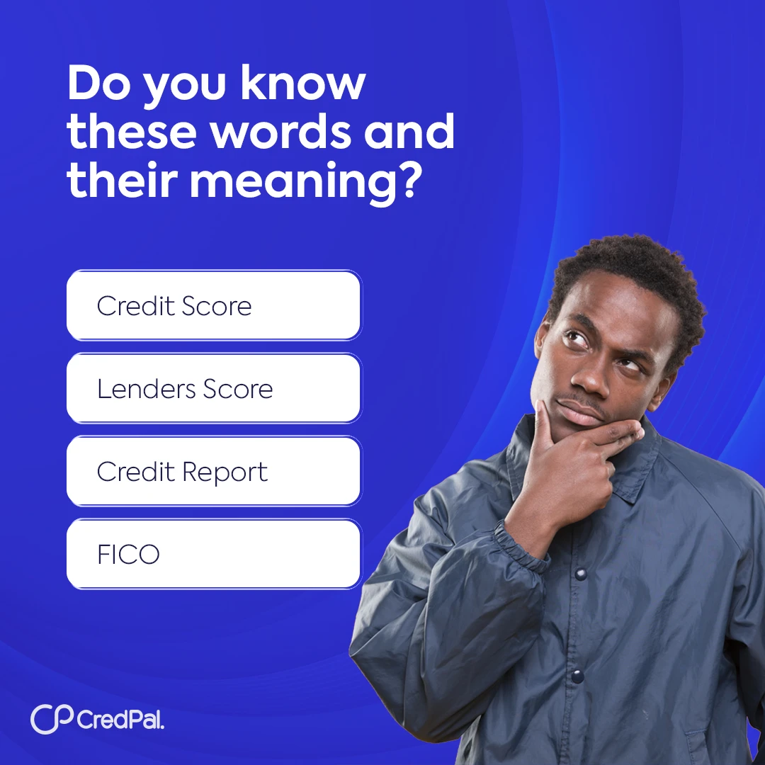 CredPal post 'Do you know these words and their meaning?': four financial-term pills beside a man thinking, on a blue background.
