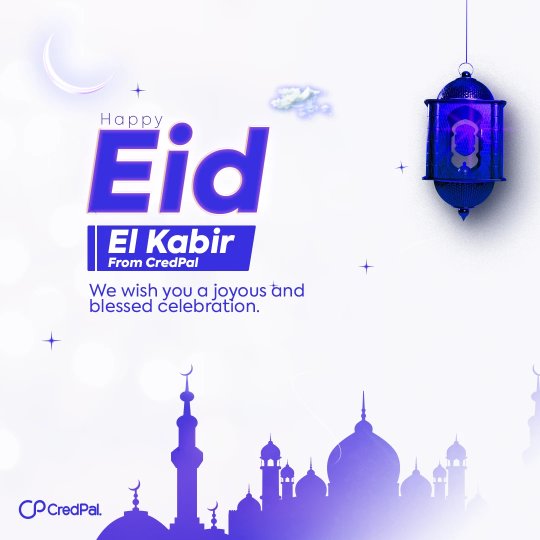 CredPal post 'Happy Eid El Kabir From CredPal': a lantern and mosque-skyline illustration, on a light background.