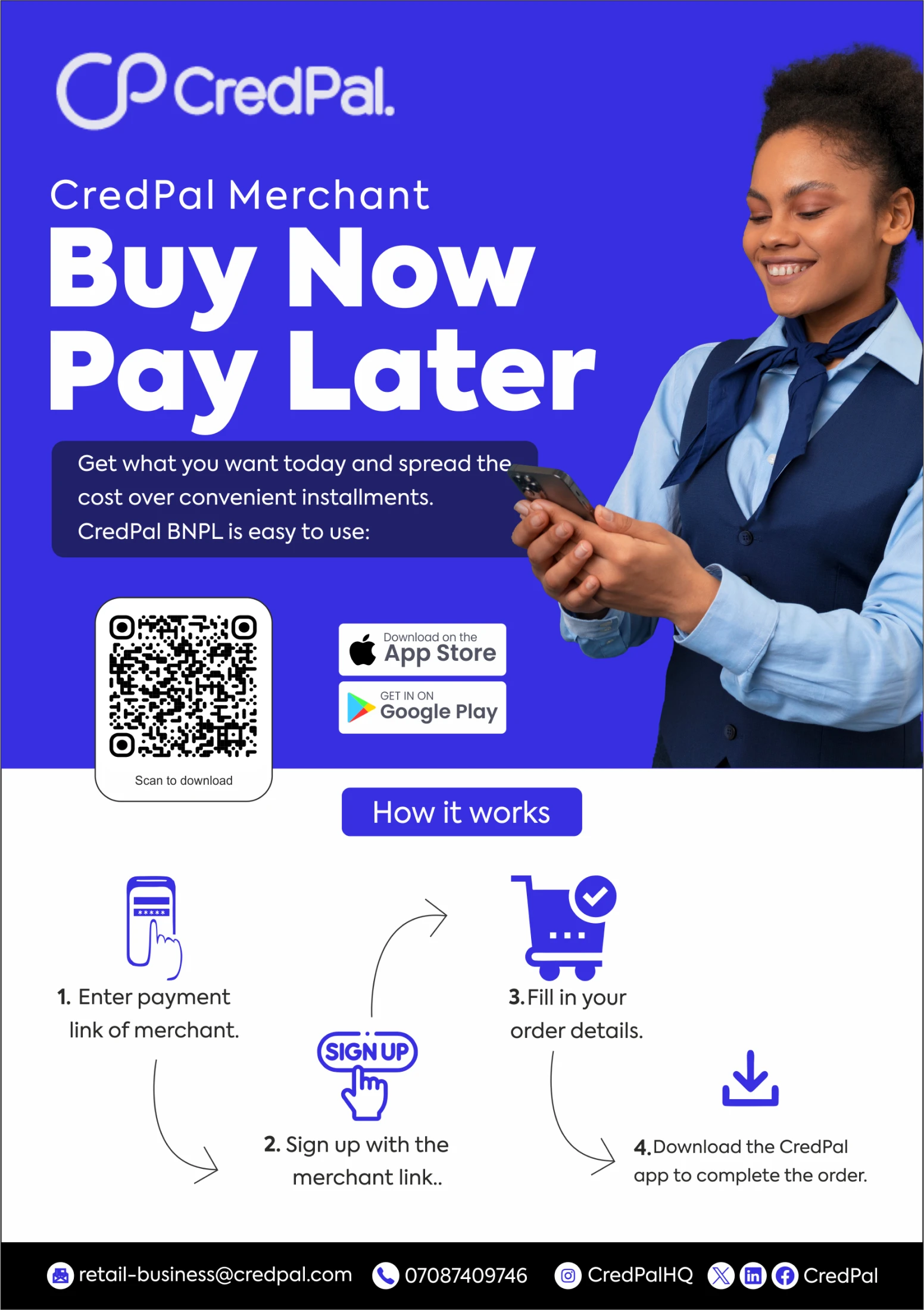CredPal Merchant flyer 'Buy Now Pay Later': a QR code, App Store and Google Play badges, a four-step 'How it works' guide, and merchant contact details.