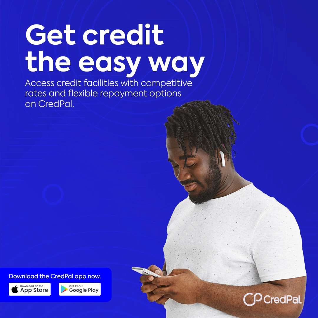 CredPal post 'Get credit the easy way — Access credit facilities with competitive rates and flexible repayment options': a man checking his phone with an earbud in, on a dark blue background.