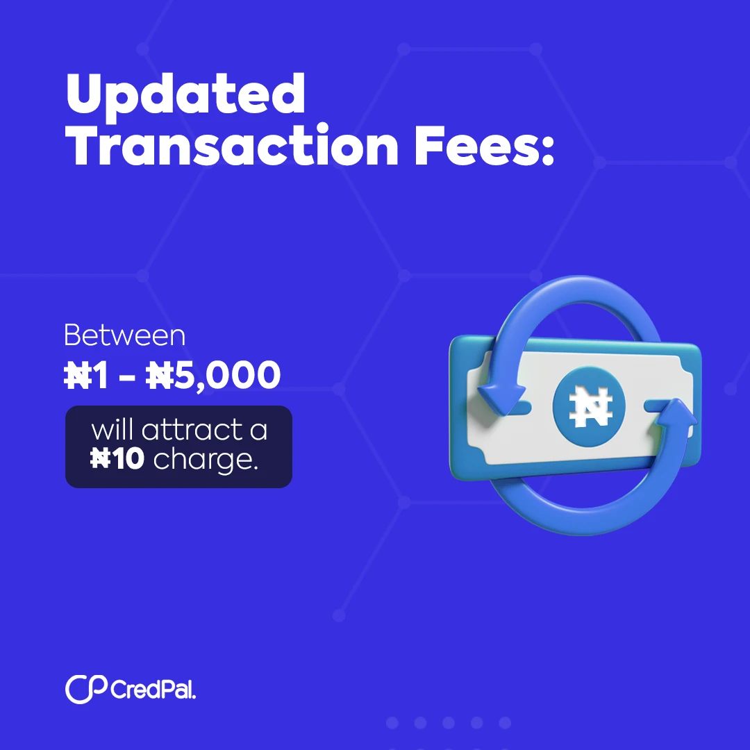 CredPal post 'Updated Transaction Fees: Between ₦1-₦5,000 will attract a ₦10 charge.': a fee-disclosure graphic with a transfer icon, on a blue background.