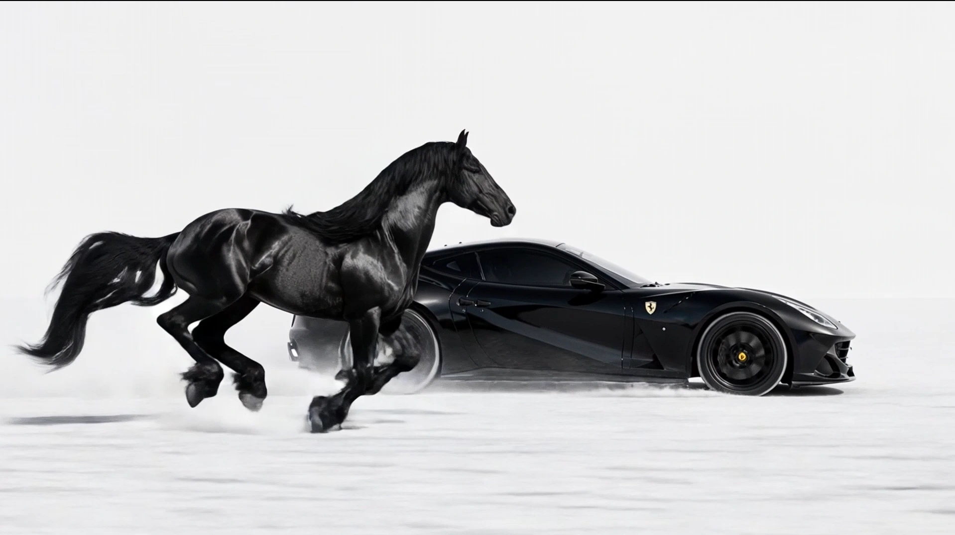 A jet-black horse in full gallop beside a matte-black Ferrari, from the Ferrari AI Film case study.