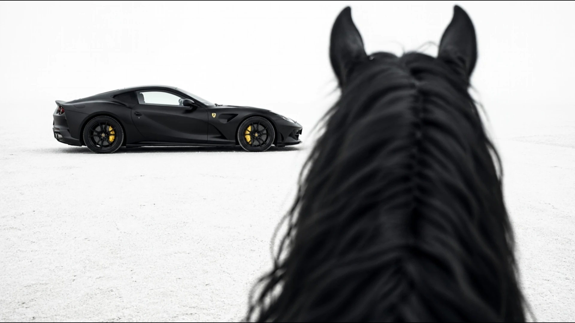 The horse's ears and mane fill the foreground, facing a matte-black Ferrari parked in the distance — from the Ferrari AI Film case study.