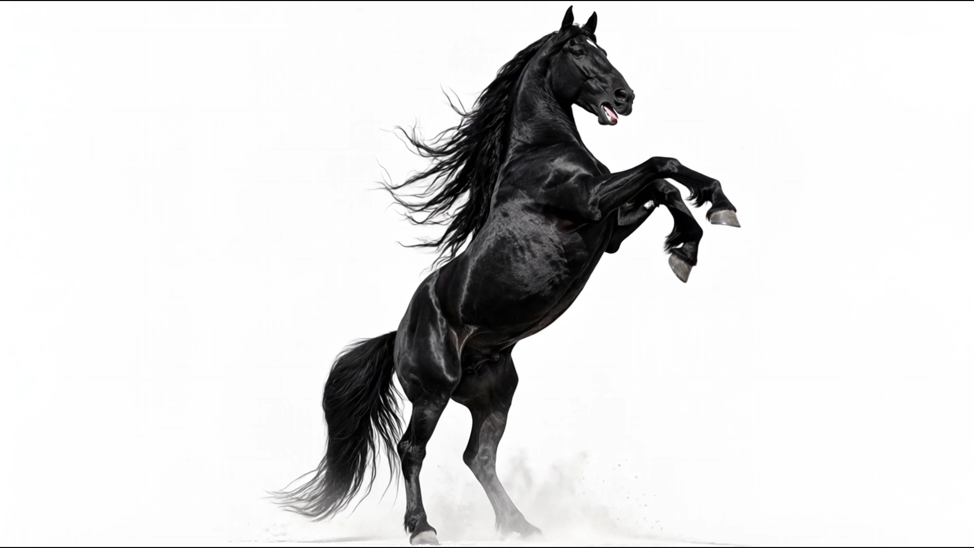 The horse rears up on its hind legs against the white void, mane in motion.