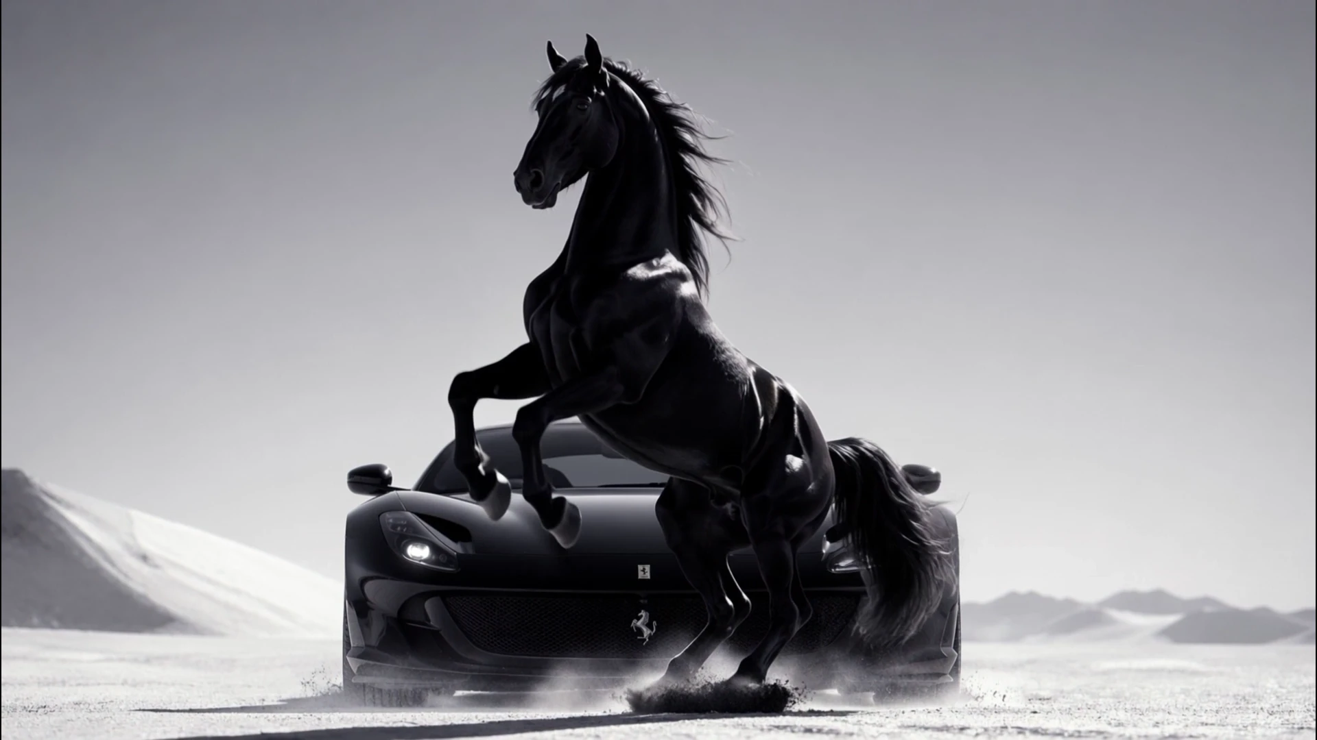 The horse rears directly beside the Ferrari in an open desert landscape with distant mountains, horse and machine converging into one silhouette.