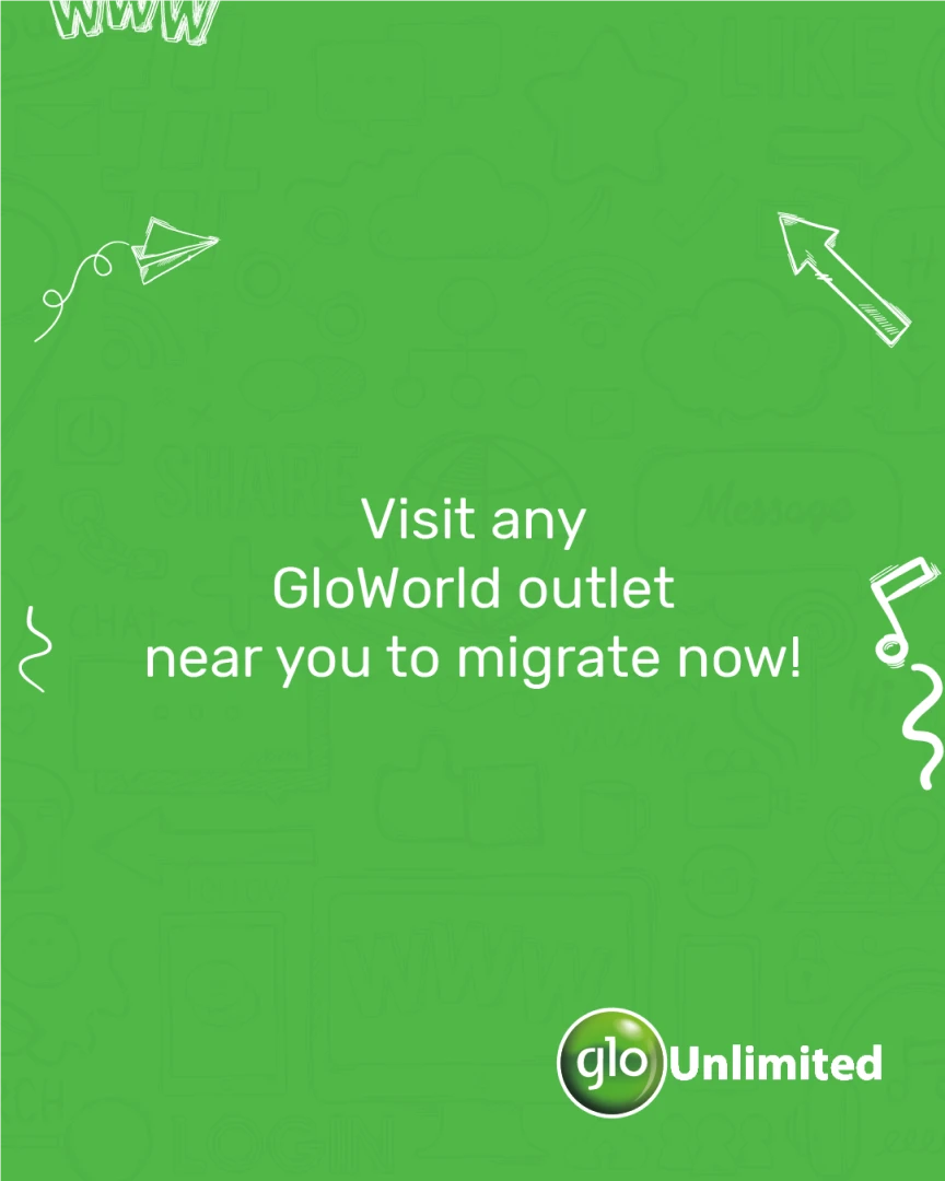 Green edition closing slide: 'Visit any GloWorld outlet near you to migrate now!', on a solid green background — same offer copy as the white edition.