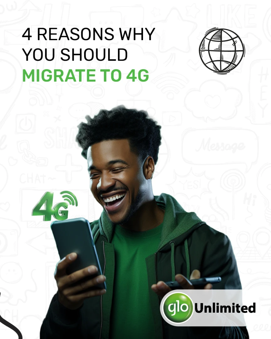 Glo post '4 Reasons Why You Should Migrate to 4G': a man laughing at his phone, on a white background with tech doodles, opening slide of the 4G migration carousel.