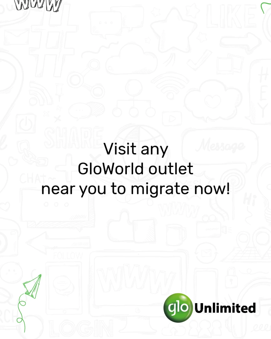 White edition closing slide: 'Visit any GloWorld outlet near you to migrate now!', on a white background.