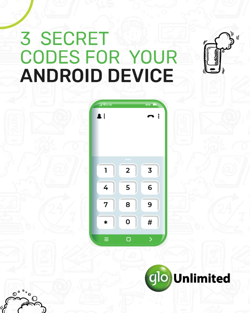Glo post '3 Secret Codes for Your Android Device': an illustrated phone dial-pad, opening slide of the Tech Thursday device-education carousel.