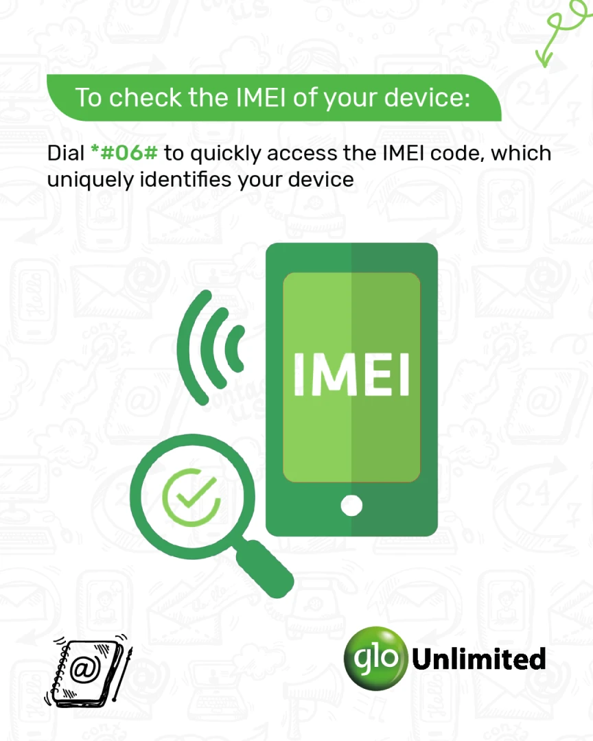 Glo Tech Thursday post 'To check the IMEI of your device: Dial *#06#', with a real IMEI-lookup phone-screen mockup.