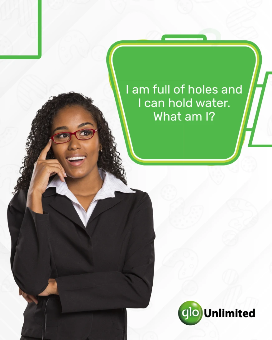 Glo trivia post: 'I am full of holes and I can hold water. What am I?', with a photo of a woman thinking.