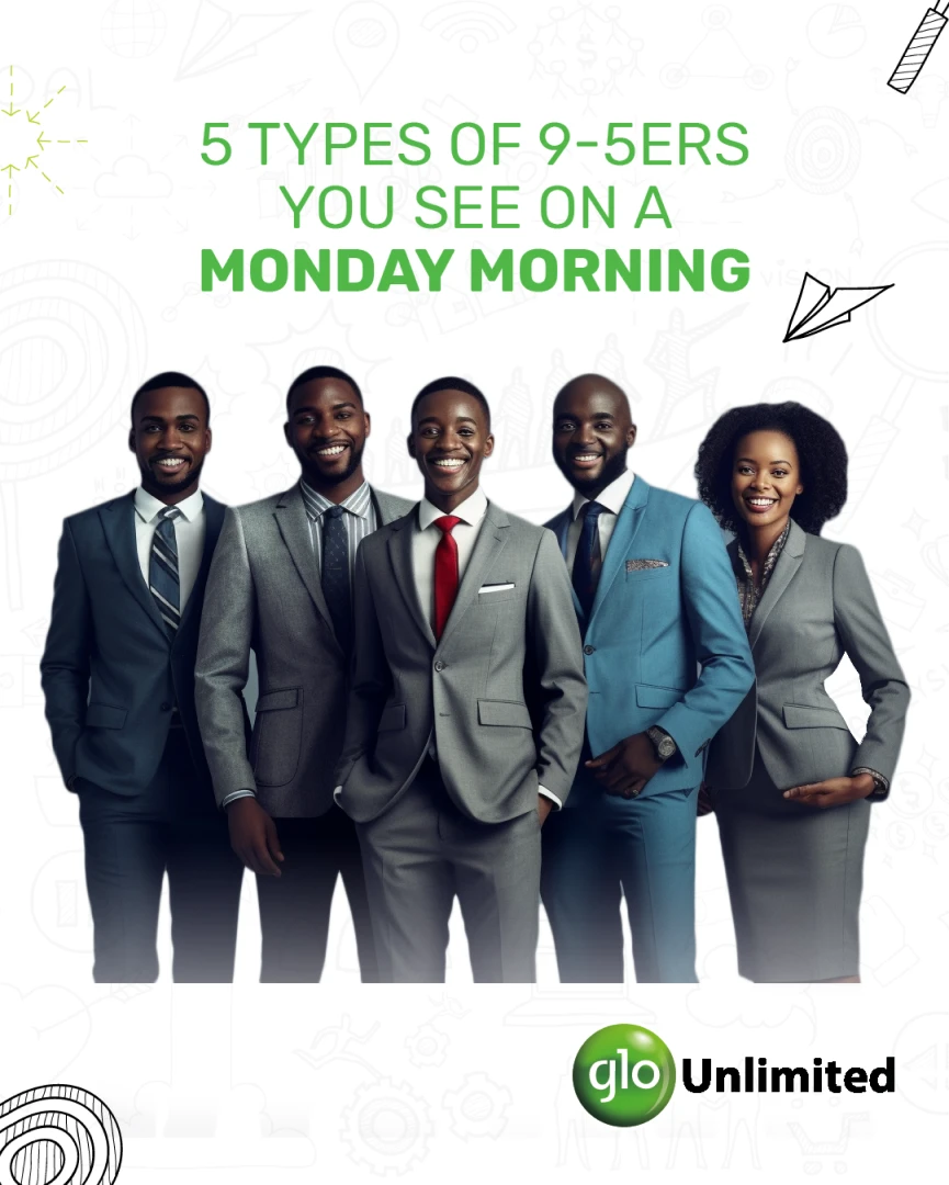 Glo lifestyle post '5 Types of 9-5ers You See on a Monday Morning', with a group photo of five professionals.