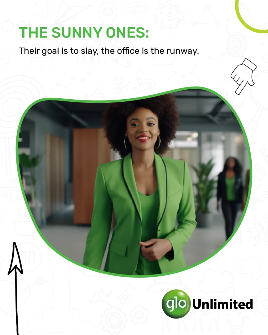 Glo lifestyle post 'The Sunny Ones: Their goal is to slay, the office is the runway.', with a photo of a woman in a green blazer.