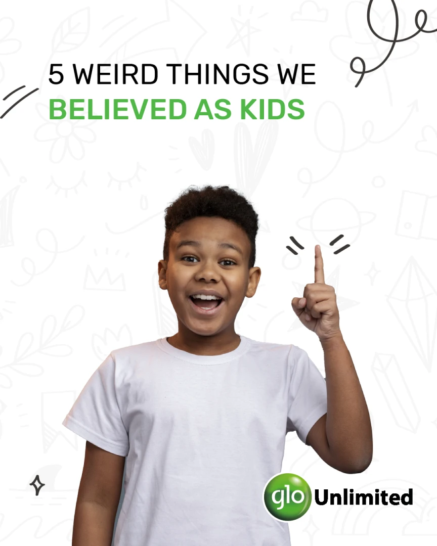 Glo lifestyle post '5 Weird Things We Believed as Kids', with a photo of a boy pointing upward.