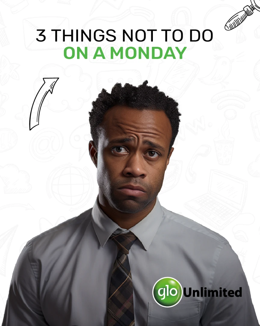Glo lifestyle post '3 Things Not to Do on a Monday', with a photo of a stressed man in office wear.