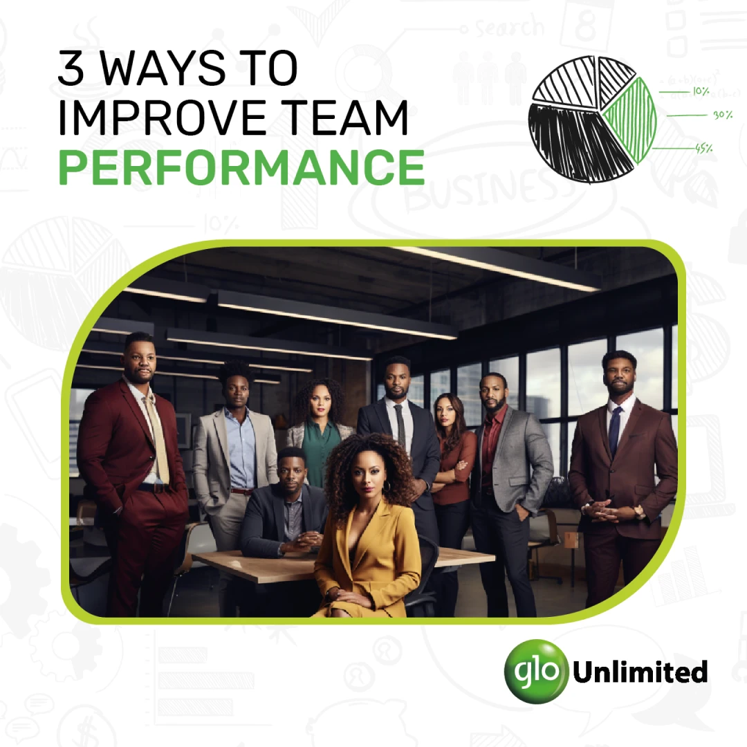 Glo post '3 Ways to Improve Team Performance': a group photo of eight professionals, opening slide of a workplace-culture carousel.