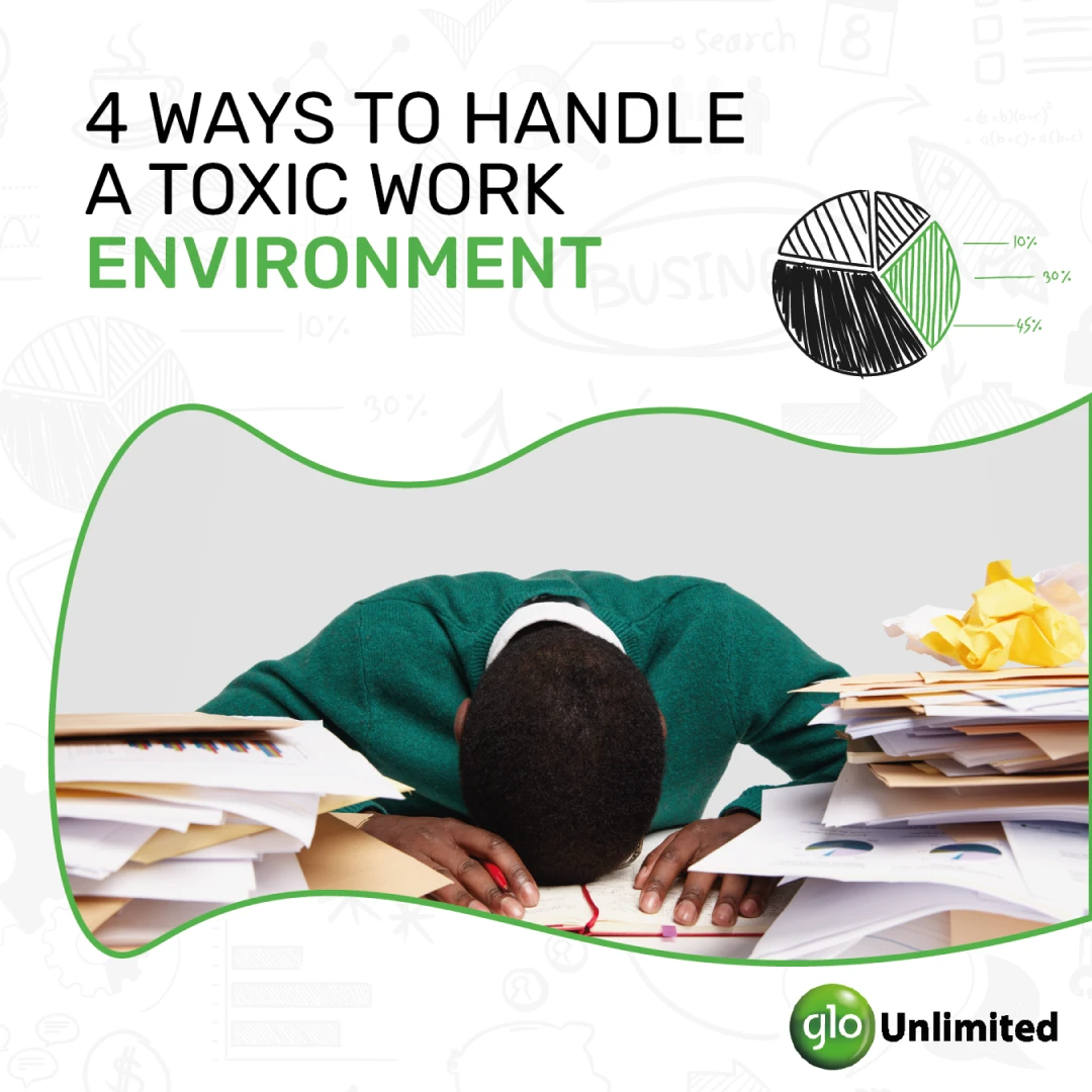 Glo workplace post '4 Ways to Handle a Toxic Work Environment', with a photo of a stressed man at a cluttered desk.
