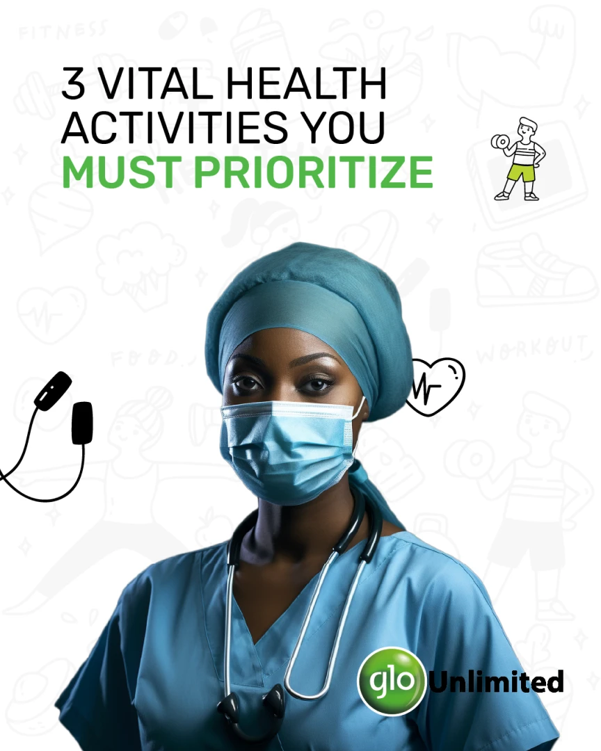 Glo Safety for All post '3 Vital Health Activities You Must Prioritize', with a photo of a healthcare worker.