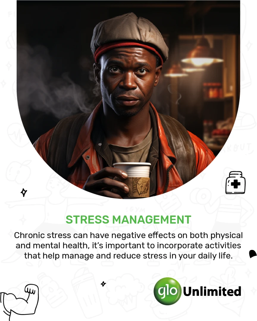 Glo Safety for All post 'Stress Management', with a moody photo of a man holding a coffee cup.