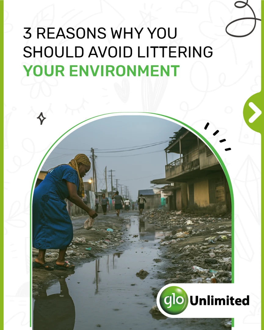 Glo Safety for All post '3 Reasons Why You Should Avoid Littering Your Environment', with a documentary photo of a littered Nigerian street.