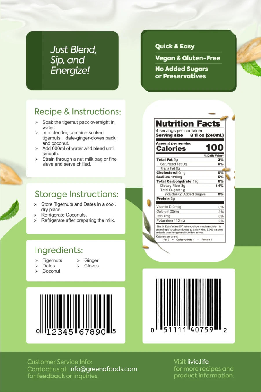 The back of the Greena TigerNut Milk Rio pack, showing recipe and instructions, ingredient list, nutrition facts and storage instructions.