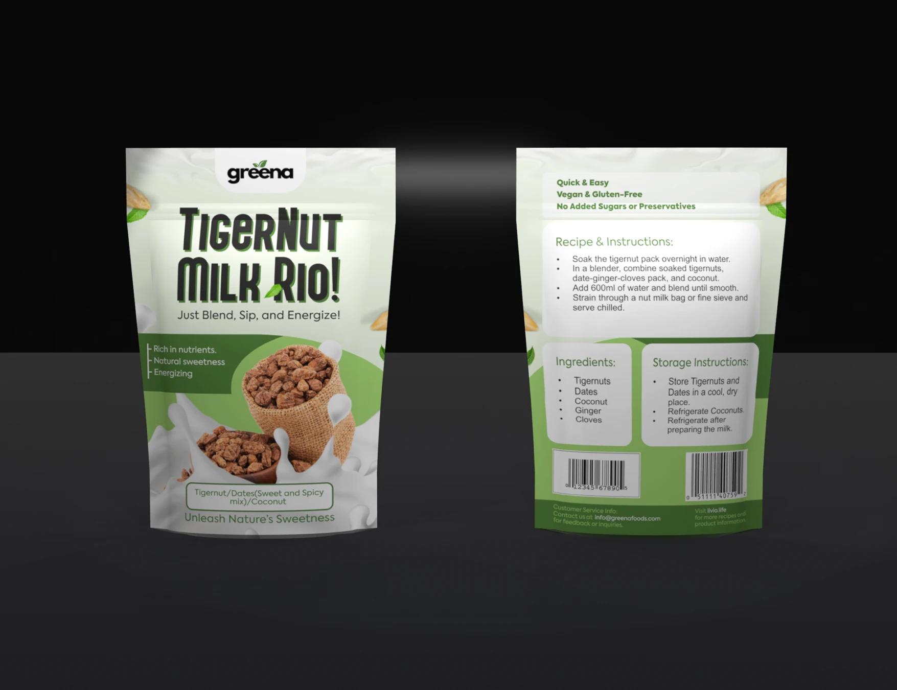 Two Greena TigerNut Milk Rio pouches, front and back, shown as dimensional packaging on a dark background.