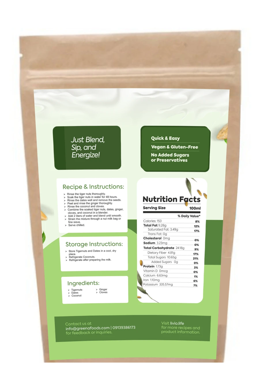The back of the Greena TigerNut Milk Trío pack, photographed on the kraft pouch, showing its recipe, ingredients and nutrition information.