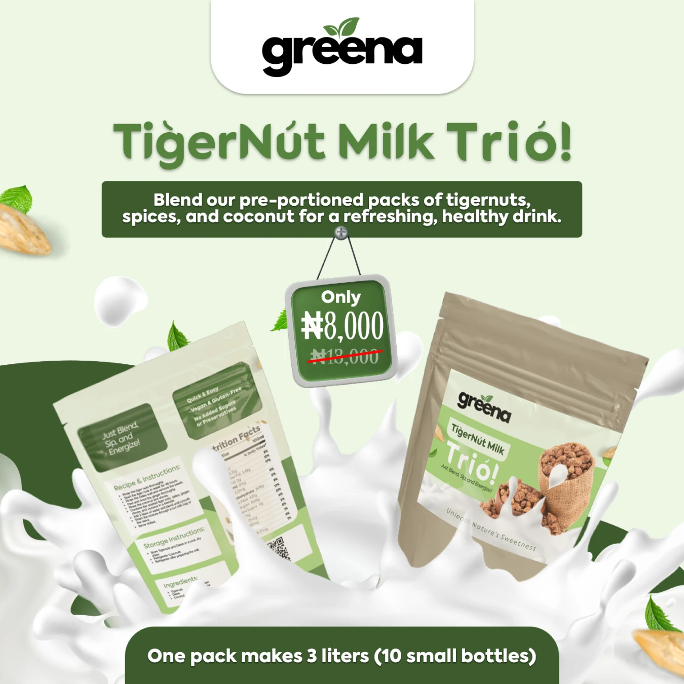 A promotional flyer for the Greena TigerNut Milk Trío pack, showing the finished product alongside its packaging details.