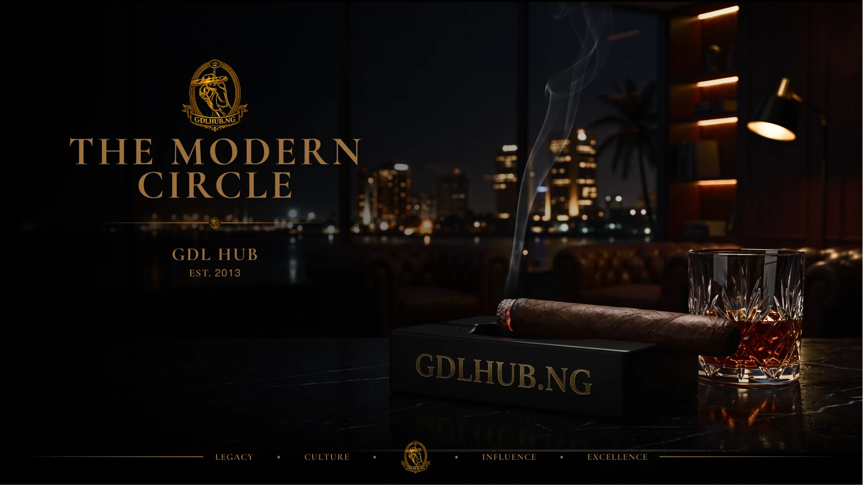 Modern Circle pitch deck cover: a gold crest and &ldquo;The Modern Circle&rdquo; wordmark over a moody lounge scene with a cigar, a glass of whiskey and a city skyline at night, credited to GDL HUB, Est. 2013.