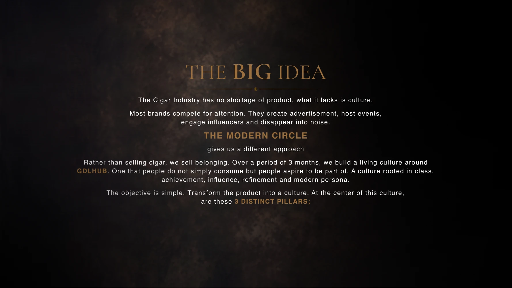 Pitch deck slide titled &ldquo;The Big Idea&rdquo;: the cigar industry has no shortage of product, what it lacks is culture — The Modern Circle proposes selling belonging instead.