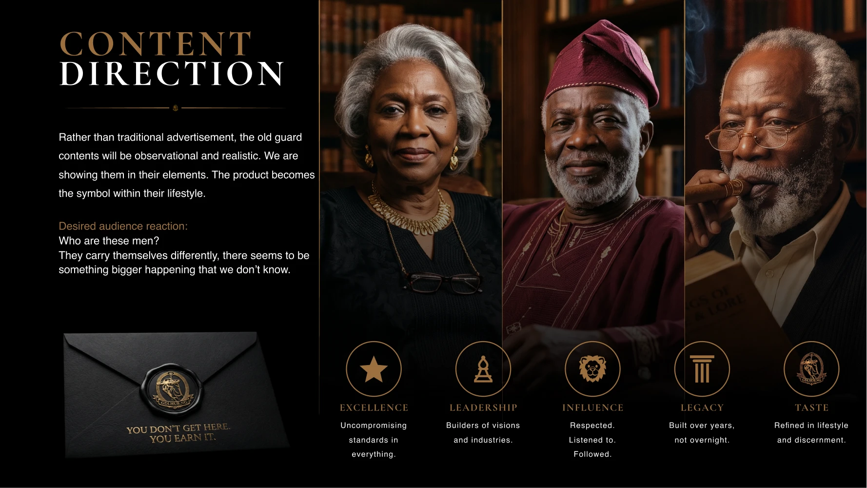 Pitch deck slide titled &ldquo;Content Direction&rdquo;: three portrait renders representing &ldquo;The Old Guard&rdquo; persona, styled as distinguished, established figures, alongside a black wax-sealed invitation reading &ldquo;You don't get here. You earn it.&rdquo;
