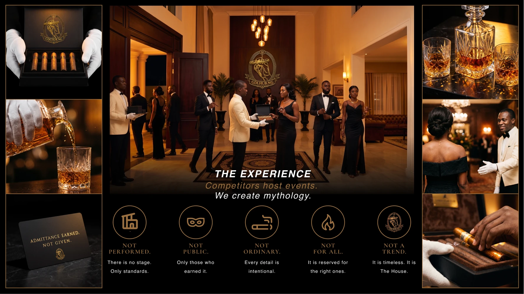 A concept visualization from Modern Circle: staff presenting cigars to guests in black tie beneath a gold crest, in a private residence.